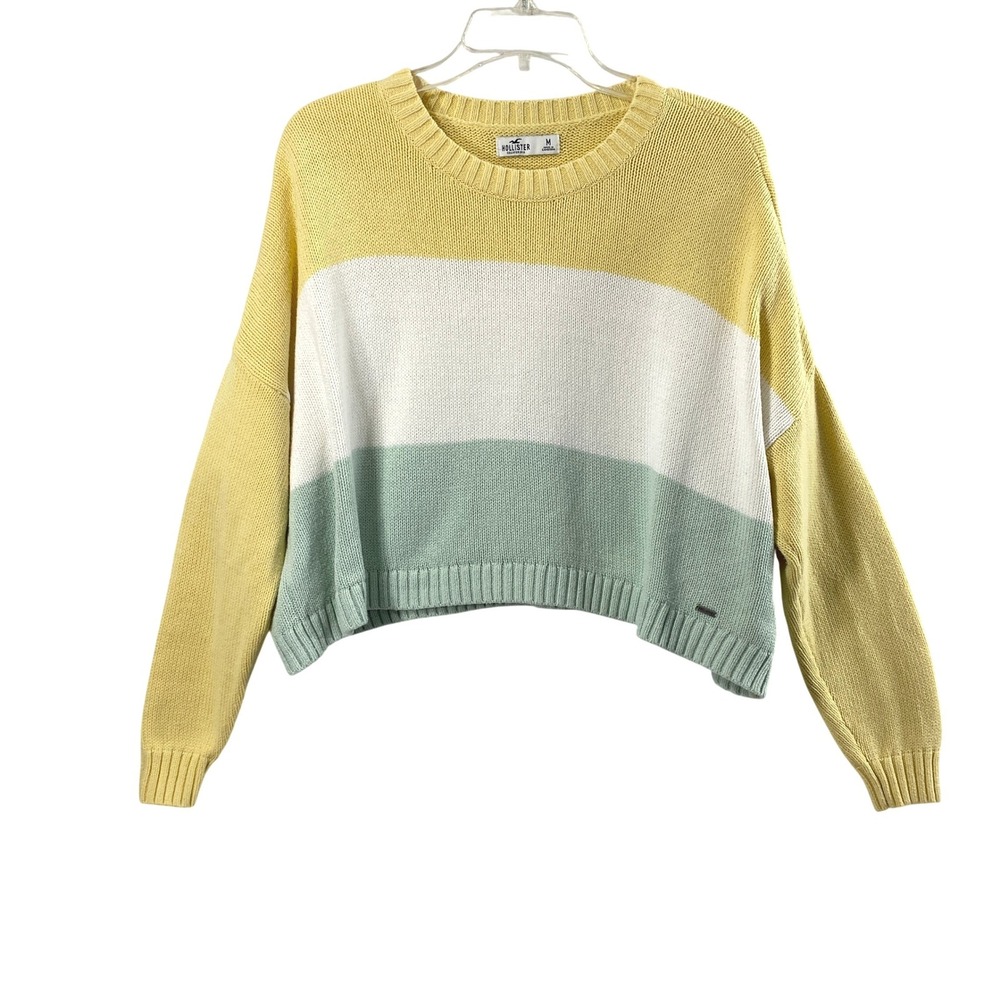 Hollister Cropped Sweater Women Medium Yellow White Green Oversized Pullover